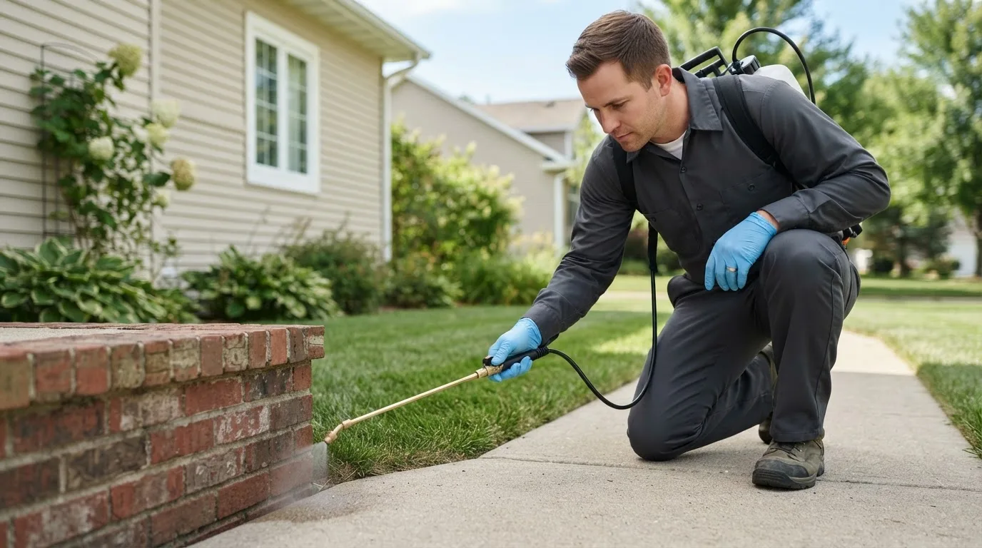 Pest control technician treating a home near Sharon, CT